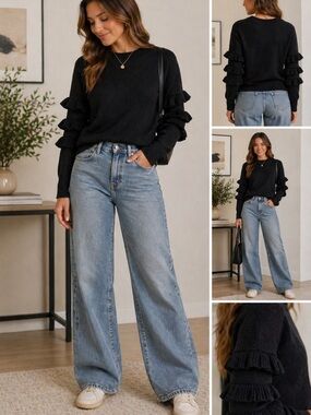 Line & Dot Black Tiered Ruffle Sleeve Knit Sweater XS Statement Romantic